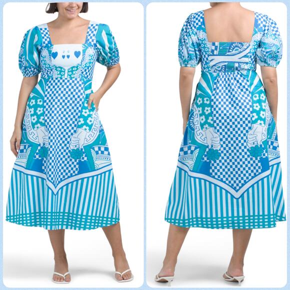 Celina Moon Queen of Hearts Blue Teal Puff Sleeve Midi Dress Women’s Size Medium - Picture 1 of 12